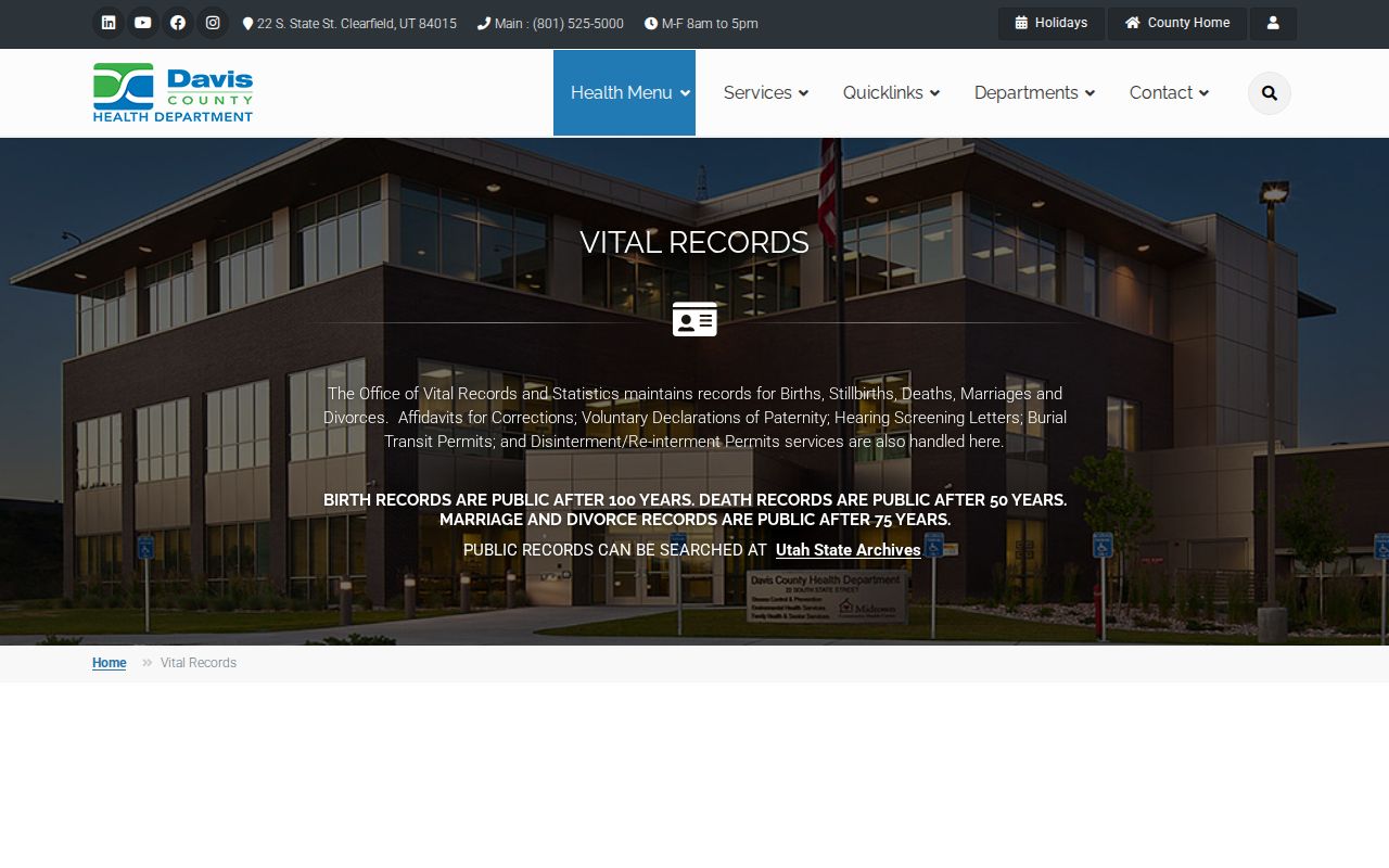 North Salt Lake previous residents Davis vital records office